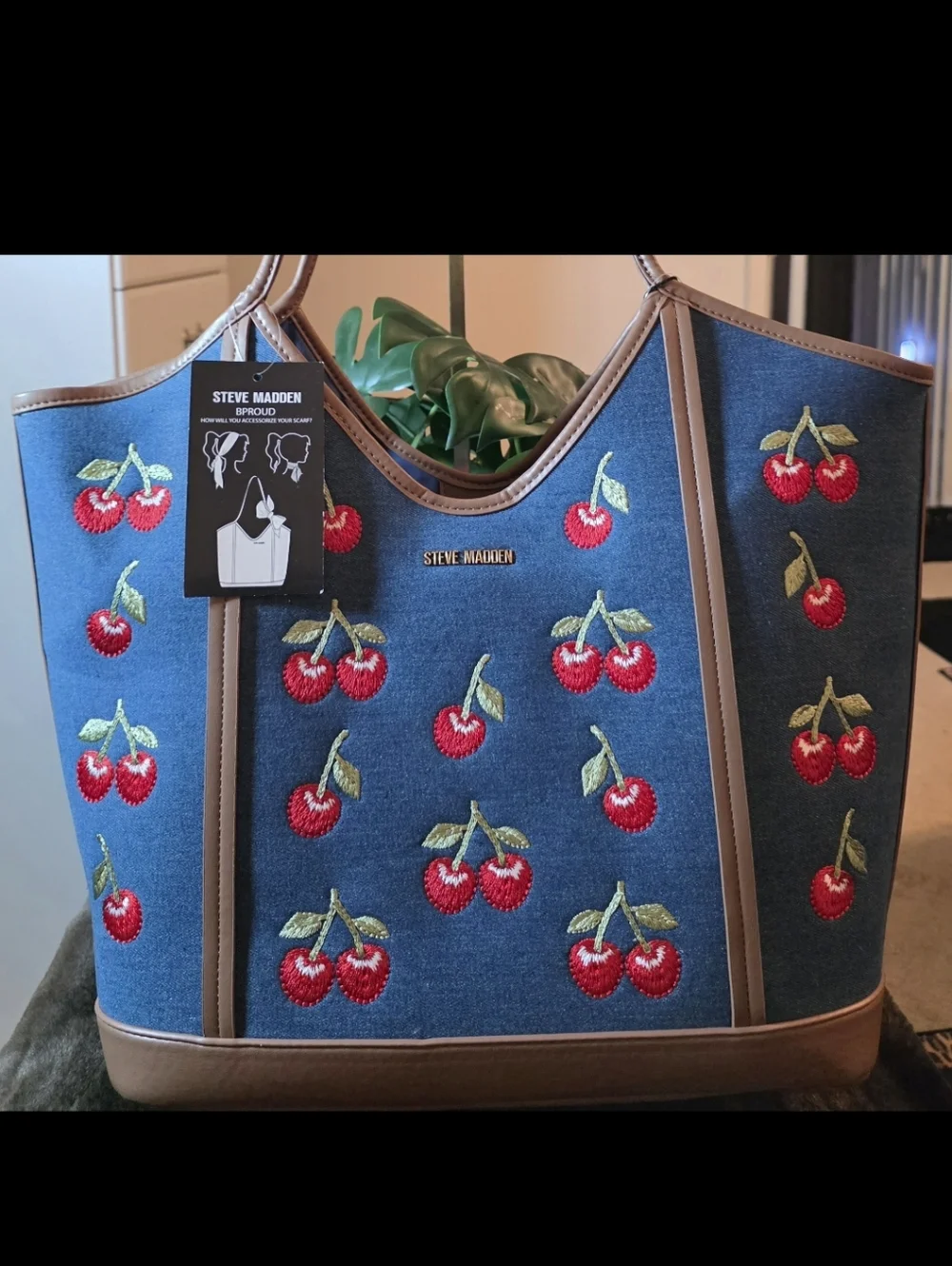 NWT Steve Madden LG  spade navy cherry embroidered tote with brown trim
